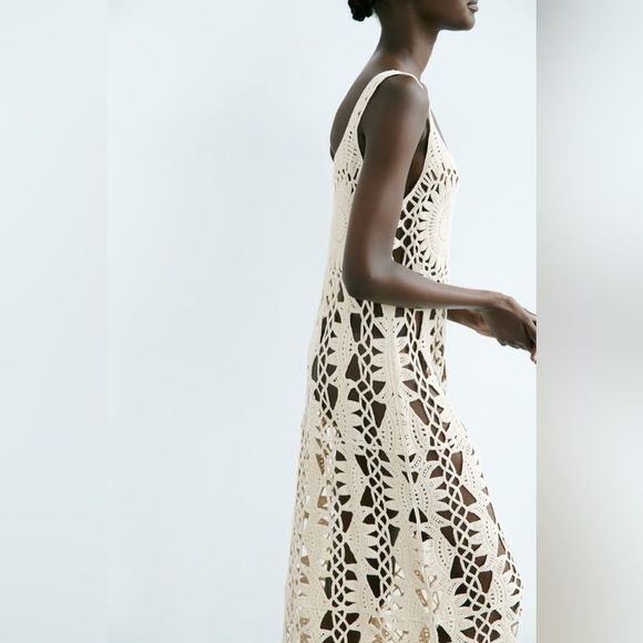 ZARA MACRAMÉ FRINGED KNIT DRESS - Picture 9 of 10